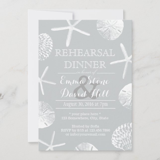 Silver Beach Theme Seashells Rehearsal Dinner Invitation (Front)