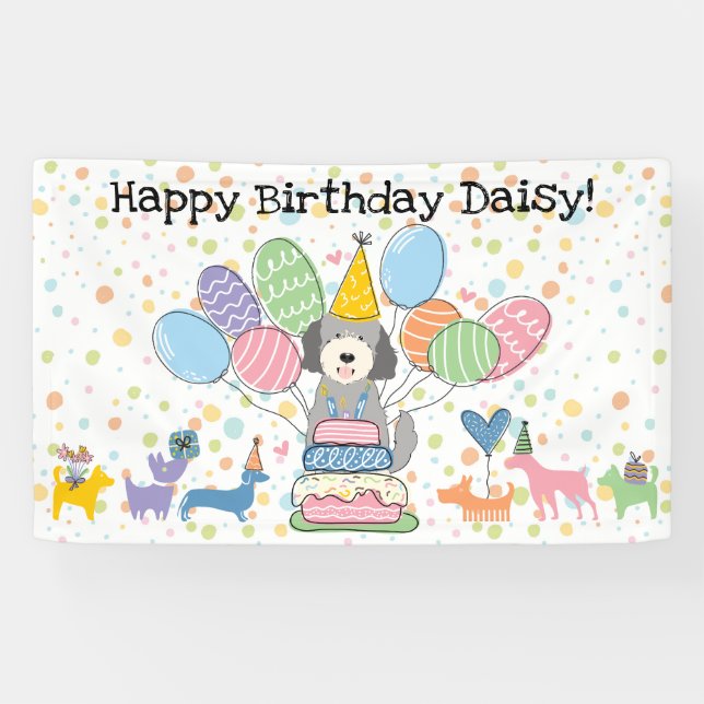 Silver Beige Goldendoodle Dog Birthday Party Banner (Horizontal)