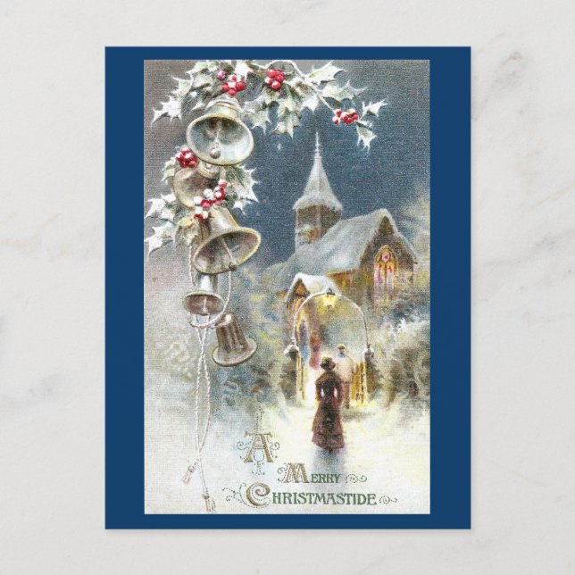 Silver Bells and Church Vintage Christmas Holiday Postcard (Front)