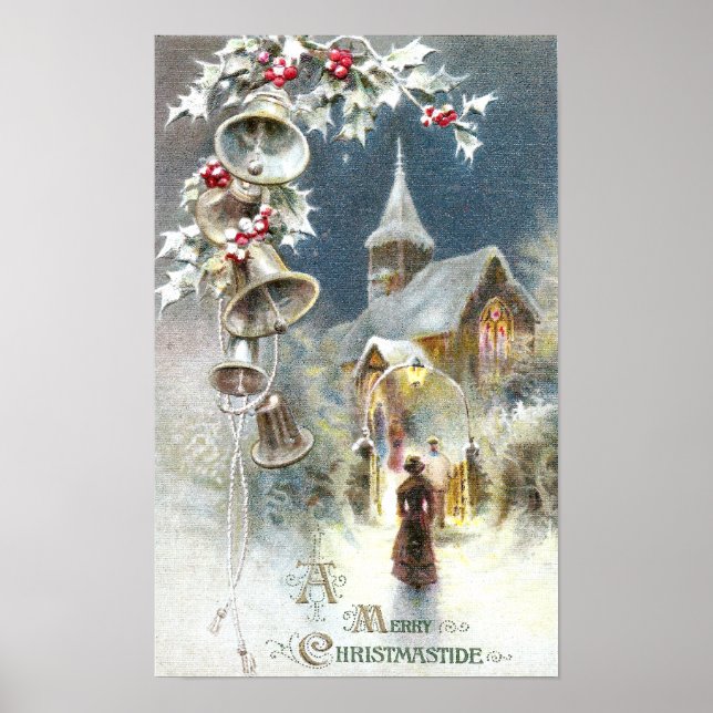Silver Bells and Church Vintage Christmas Poster (Front)