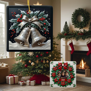 Silver Bells and Holly Christmas Customisable Ceramic Ornament