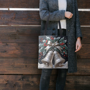 Silver Bells and Holly Christmas Tote Bag
