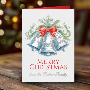 Silver bells and red bow watercolor Christmas Foil Greeting Card