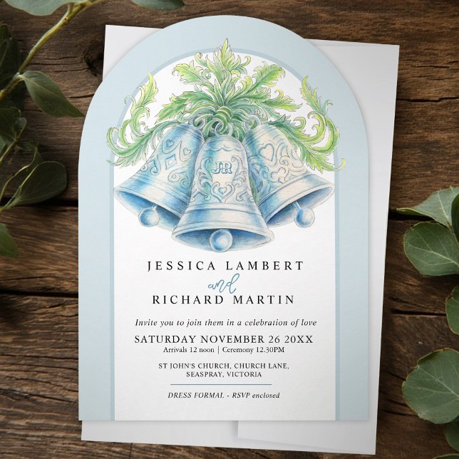 Silver bells foliage watercolor arch blue Wedding Invitation (Creator Uploaded)