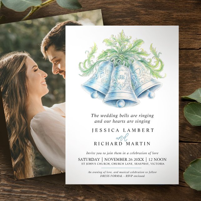 Silver bells foliage watercolor photo Wedding Invitation (Creator Uploaded)
