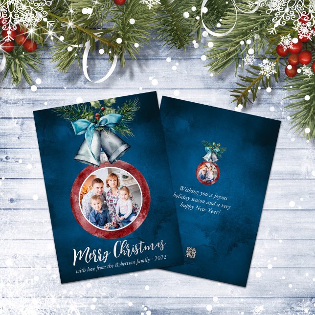 Silver Bells Navy Blue Christmas Photo Foil Holiday Card (Creator Uploaded)