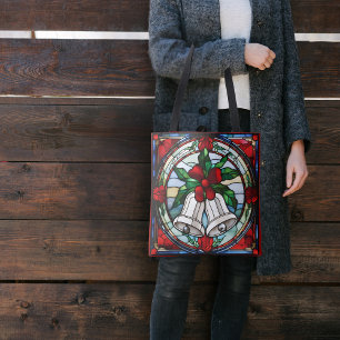 Silver Bells Red Ribbon Faux Stained Glass Tote Bag