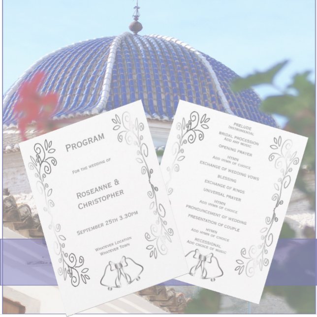 Silver Bells Scrollwork Design Wedding Programme (Silver wedding church program bells and scrollwork design)