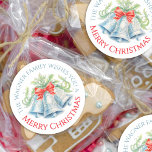 Silver bells watercolor red bow Merry Christmas Classic Round Sticker<br><div class="desc">Add a touch of elegance to your Christmas gifts with these three silver bells holiday season stickers, pretty silver blue coloured bells and greenery foliage with a bright red bow. Personalise with your own family name or business and choice of greeting. Other colours and matching items are available or can...</div>