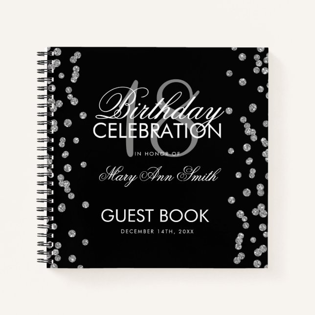 Silver Birthday Guestbook Glitter Confetti Black Notebook (Front)