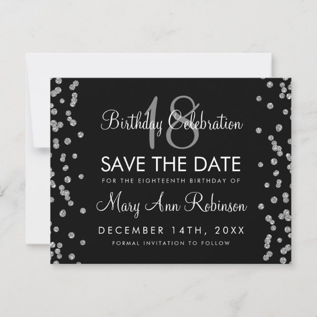 Silver Birthday Save Date Glitter Confetti Black Save The Date (Front)