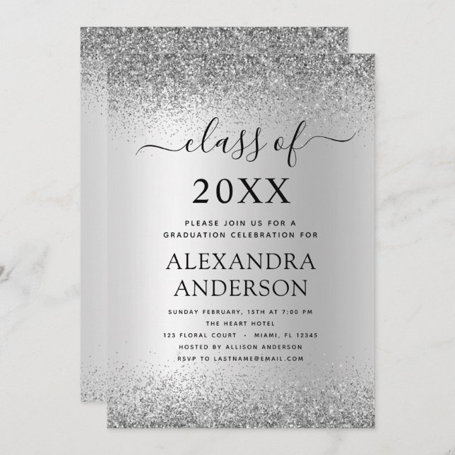 Silver Black 2022 Graduation Party Glitter Invitation (Front/Back)