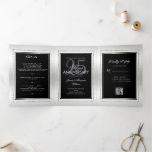 Silver & Black 25th Wedding Anniversary QR Code Tri-Fold Announcement