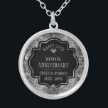 Silver & Black 25th Wedding Anniversary Silver Plated Necklace<br><div class="desc">Image of a silver,  shiny floral damask with white diamonds and customisable text,  '25th Wedding Anniversary.</div>