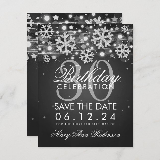 Silver Black 30th Birthday Save Date Winter Invitation (Front/Back)