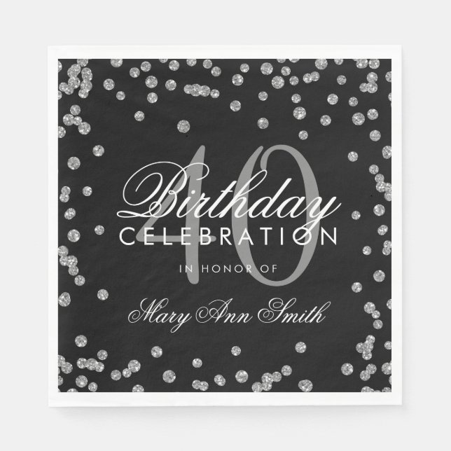 Silver Black 40th Birthday Glitter Confetti Napkin (Front)