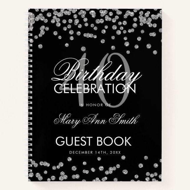 Silver Black 40th Birthday Guestbook Confetti Notebook (Front)