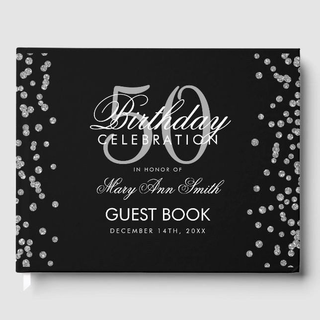 Silver Black 50th Birthday Party Confetti Guest Book (Front)