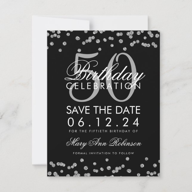 Silver Black 50th Birthday Save Date Confetti Save The Date (Front)