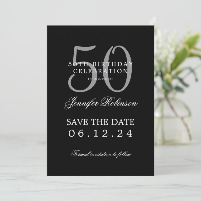 Silver Black 50th Birthday Save Date w/ Details Invitation (Standing Front)