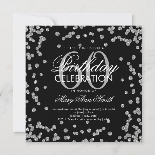 Silver Black 60th Birthday Glitter Confetti Invitation (Front)