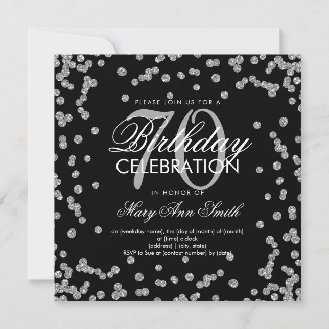 Silver Black 70th Birthday Glitter Confetti Invitation (Front)
