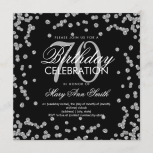 Silver Black 70th Birthday Glitter Confetti Invitation