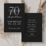 Silver Black 70th Birthday Save the Date Details Invitation<br><div class="desc">Elegant "70th Birthday Party" design with a formal typography script,  custom name and details text. Easy to use and easy to personalise. Order Today!</div>