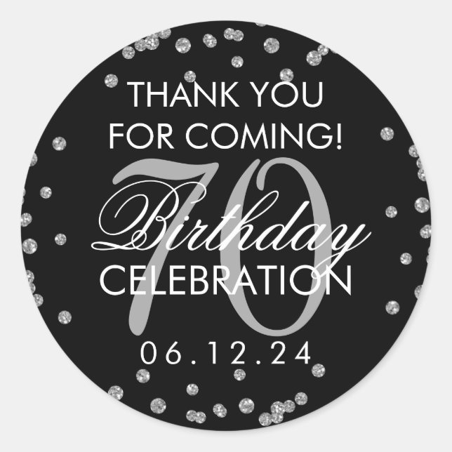 Silver Black 70th Birthday Thank You Confetti Classic Round Sticker (Front)