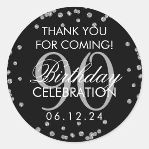 Silver Black 90th Birthday Thank You Glitter Classic Round Sticker
