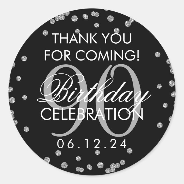 Silver Black 90th Birthday Thank You Glitter Classic Round Sticker (Front)