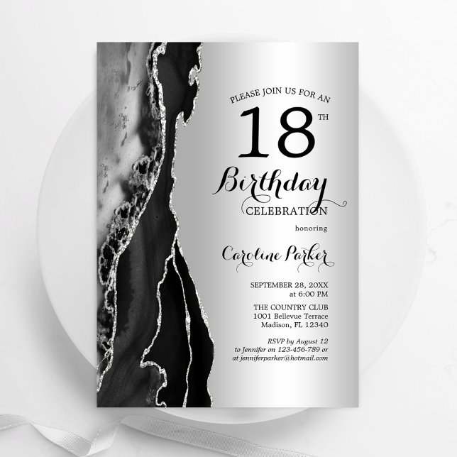 Silver Black Agate 18th Birthday Invitation (Creator Uploaded)