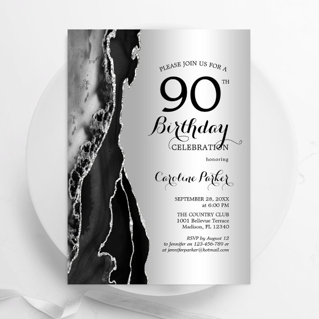 Silver Black Agate 90th Birthday Invitation (Creator Uploaded)