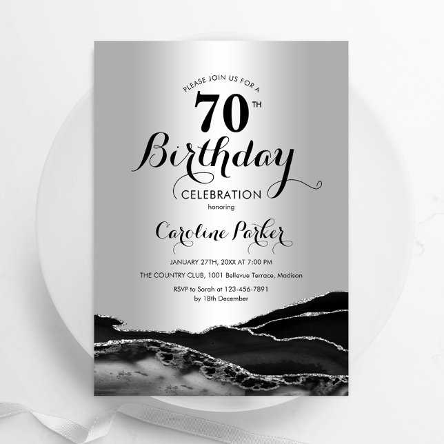 Silver Black Agate Marble 70th Birthday Invitation (Creator Uploaded)