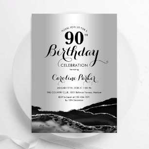 Silver Black Agate Marble 90th Birthday Invitation
