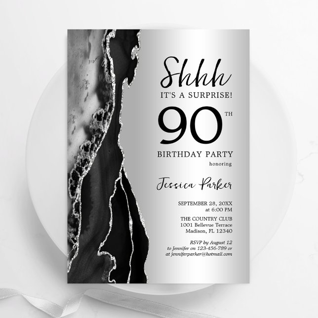 Silver Black Agate Surprise 90th Birthday Invitation (Creator Uploaded)