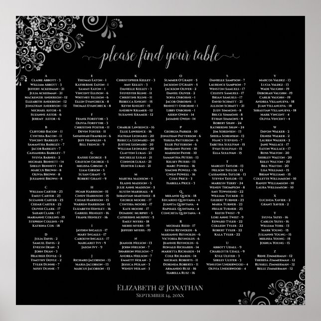Silver & Black Alphabetical Wedding Seating Chart (Front)