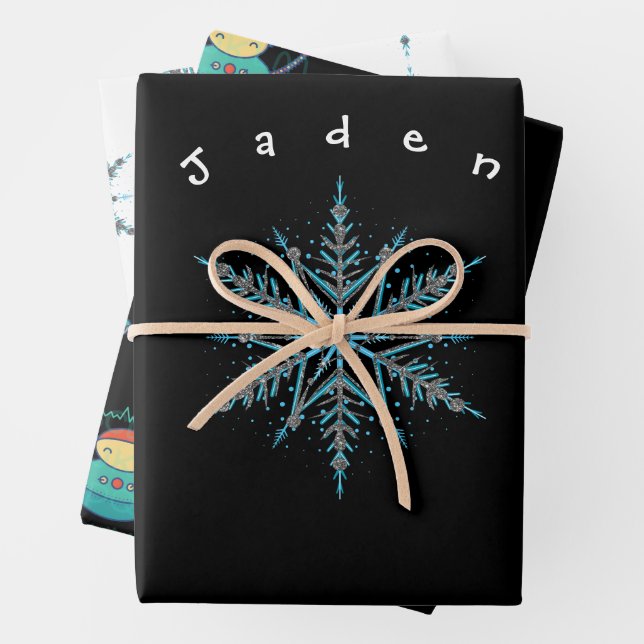 Silver Black and Blue Custom Snowflake Robot Wrapping Paper Sheet (In situ)