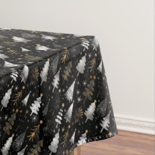 Silver, Black and Gold Christmas Tree and Stars Tablecloth