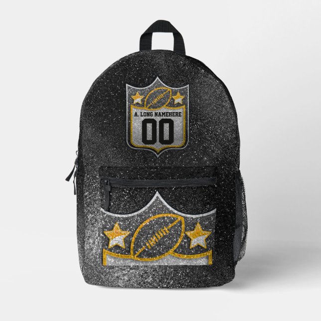 Silver Black and Gold Glitter Football Jersey Printed Backpack (Front)