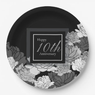 Silver, black and white 10 anniversary rose print paper plate