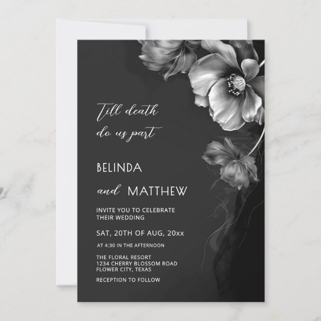 Silver Black And White Flowers Goth Wedding  Invitation (Front)