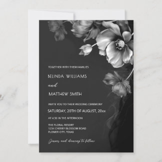 Silver Black And White Flowers Wedding Invitation