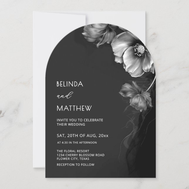 Silver Black And White Flowers Wedding  Invitation (Front)