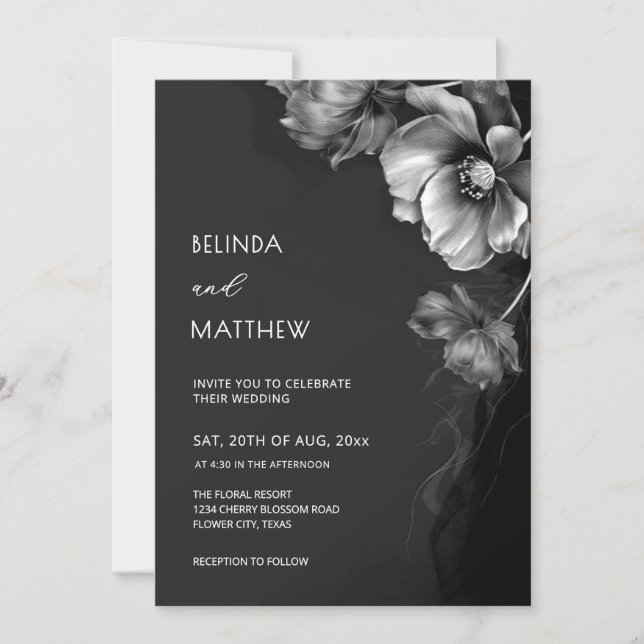 Silver Black And White Flowers Wedding  Invitation (Front)
