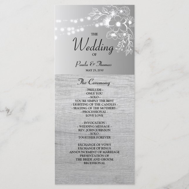 Silver Black and White Wedding Program Programme (Front)