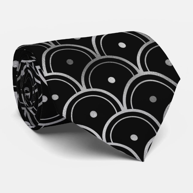 Silver black art deco tiled pattern neck tie (Rolled)