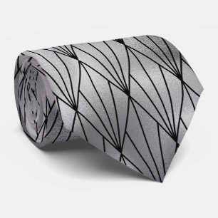 Silver black art deco tiled pattern neck tie