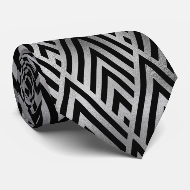 Silver black art deco tiled pattern tie (Rolled)