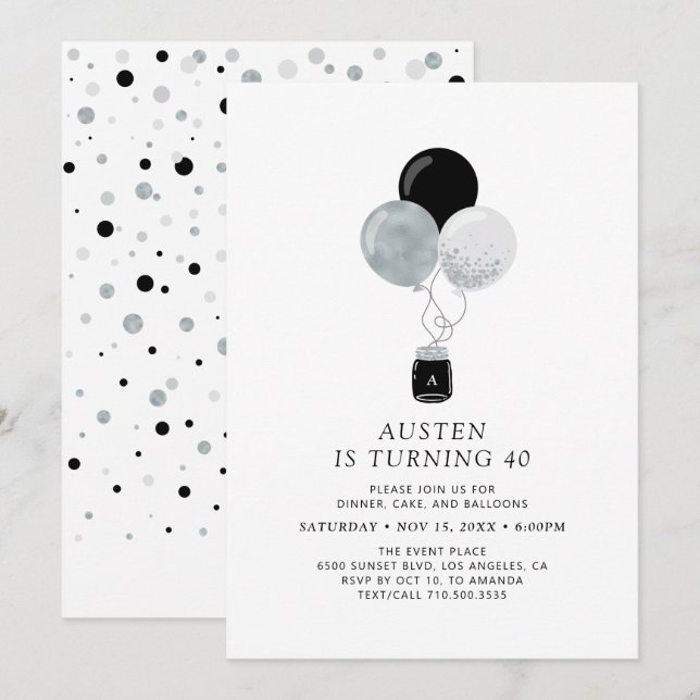 Silver & Black Balloon Modern Adult Birthday Party Invitation (Front/Back)